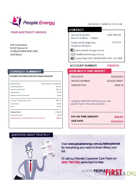 Modèle de facture de services publics d'électricité pour les entreprises Australia People Energy au format Word et PDF